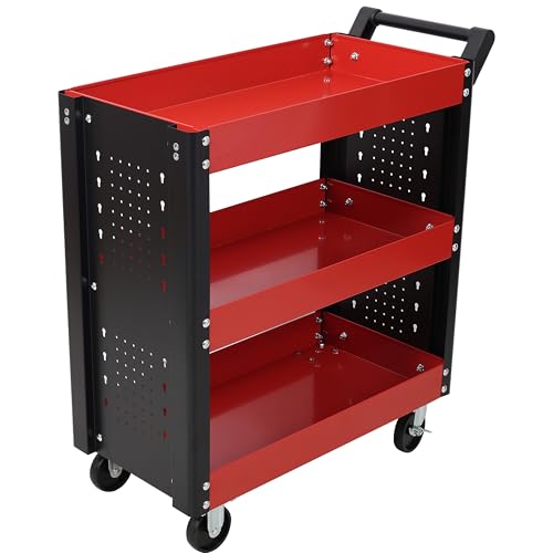 Carro de herramientas rodante resistente de 3 niveles con ruedas, capacidad de carga de 660 libras, carrito de almacenamiento utilitario con tablero de clavijas para garaje, taller, taller de