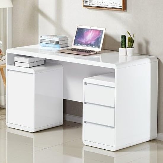 Image of Lakdi The Furniture Home and Office Modern High Gloss Computer Desk with Drawers and Storage, Writing Desk with Rounded Corners and Integrated Open Shelves for Home Office - 121534256