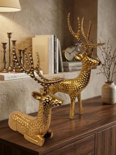 Image of Gold Deer Figurine Set of 2, Hammered Finish Reindeer Sculpture