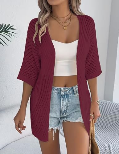 Image of Zeagoo Lightweight Summer Cardigan for Women Short Sleeve V Neck Crochet Kimonos Loose Open Front Hollow Out Cover Ups