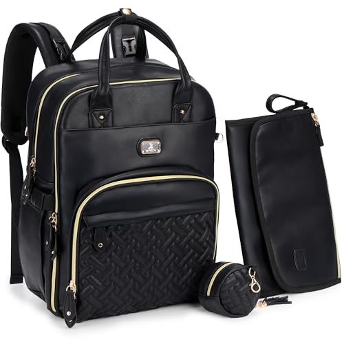 Image of Dikaslon Leather Diaper Bag Backpack with Portable Changing Pad, Pacifier Case and Stroller Straps, Large Unisex Baby Bags for Boys Girls, Multipurpose Travel Back Pack for Moms Dads, Black