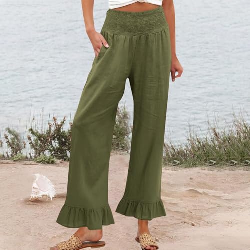 Image of Women Linen Pants Dressy Casual Summer Boho Ruffle Hem Wide Leg Cropped Pants Smocked High Waisted Palazzo Pant