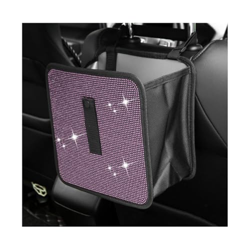 Image of Car Trash Can, Bling Rhinestone Crystal Waterproof Hanging Garbage Bag for Car Interior, Oxford Leakproof Foldable Waste Organizer Trash Bin Universal for Most Vehicles (Light Pink)