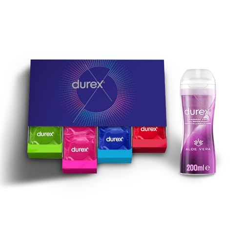 Durex Fun Explosion Mix di Preservativi Sottili, Con Rilievi e Nervature e Aromatizzati, 40 Profilattici e Durex Gel Massage 2in1, con Aloe Vera, Lubrificante 200ml
