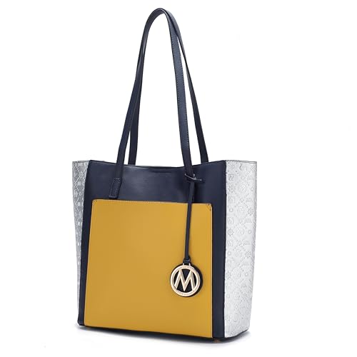 MKF Collection Bolsa feminina de couro vegano, alça superior, bolsa de ombro moderna, bolsa de ombro da Mia K, Combo azul marinho amarelo, 11.8” L x 11.4” H x 4.7” D with 11” handle drop
