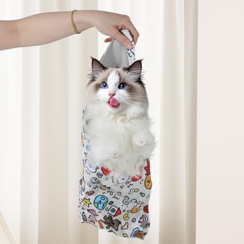 Image of Oruola Cat Grooming Wrap, Comfortable Cat Wrap for Nail Trimming, 21.3 Inch Multi-Functional Cat Wrap for Grooming & Care, Teeth Brushing, Ear Cleaning, Feeding, and Injections,Vibrant Graffiti Design