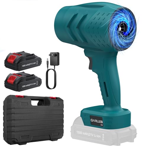GARLLEN Soplador de Hojas Inalámbrico 21V, Motor de Cobre Puro 35000 RPM, Velocidad del Viento Ajustable Libre, 2 Baterías 1,5Ah con Cargador Rápido Ideal para Jardín, Terraza, Coche, Camping