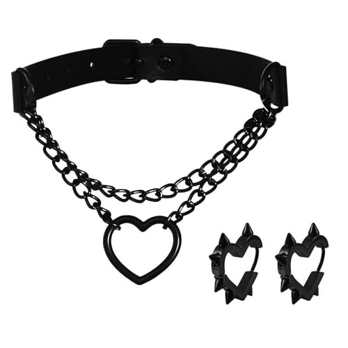 Goth Heart Chain Choker Black Heart Earrings Jewelry Set Gothic Punk Grunge Emo PU Leather Necklace Y2k Huggie Hoop Spike Black Earring Jewelry Gift for Women Men