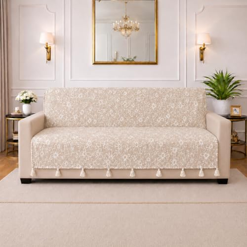 Image of STITCHNEST 'Verdant Phool Stories' 2 Seater Sofa Cover - Full Coverage| Elegant Jacquard Fabric, Decorative Tassels, Washable & Durable for Modern Living