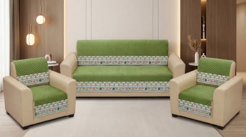 Image of KINGLY Sofa Cover 5 Seater 3+1+1 Velvet Full Cover - Olive Green | Fully covered quilted velvet slipcover, washable anti-slip thick furniture protector for 3+1+1 living room sofa