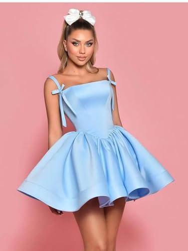 Spaghetti Straps Homecoming Dresses with Bow Short Satin Cocktail Party Gowns2