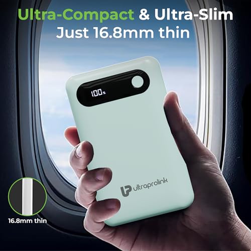 Image of UltraProlink Power Bank 10000mah Fast Charging|16.8mm Slim|22.5W QC-PD-PPS Fast Charging Battery Bank|with USB-C & iPhone Cable|Digital Display|Power Bank for Tablets & Smartphones| Green |UM1127