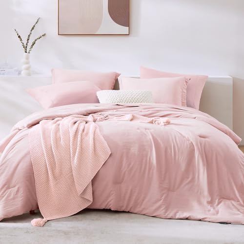 Image of Queen Comforter Set-7 Pieces Soft Prewashed Bed in a Bag Queen Bedding Sets | All Season Comforter with Sheets, Pillow Shams & Pillowcases, Soft Pink