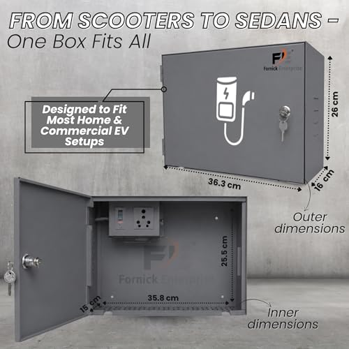 Image of FORNICK Electric Two-Wheeler Charger Box with Lock - Durable Metal Body, Weatherproof, Inbuilt 15 AMP Plug & MCB for Safety - Wall Mountable, Compatible with Ola, Ather, Bajaj, TVS, and More