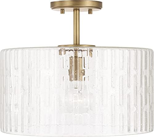 Capital Lighting 241311AD Emerson Embossed Seeded Glass Convertible Pendant/Semi Flush Ceiling Light Fixture, 1-Light 100 Watt, 14" H x 15" W, Aged Brass