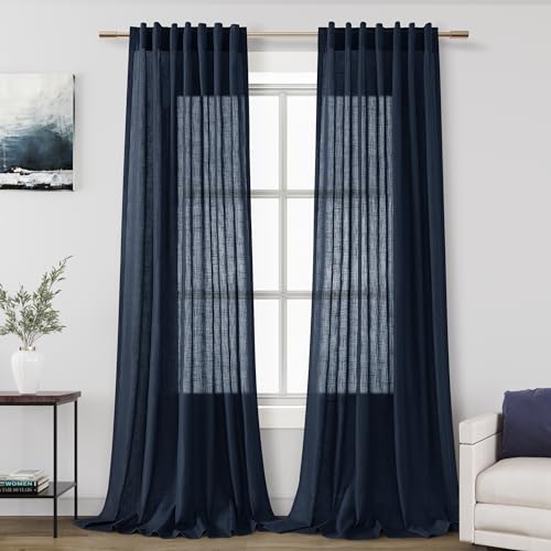 Image of Nanspring Navy Blue Linen Curtains for Living Room 2 Panels Set Extra Long Back Tab Light Filtering Semi Sheer Curtain Drapes for Bedroom Neutral Farmhouse Ceiling to Floor for Large Window 52x100