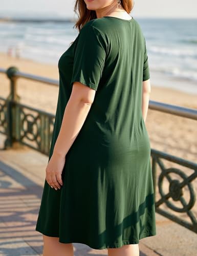 Image of OVERWORETY Womens Short Sleeve Plus Size T-Shirt Dress V Neck Casual Loose Swing A-Line Summer Tunic Dresses with Pockets