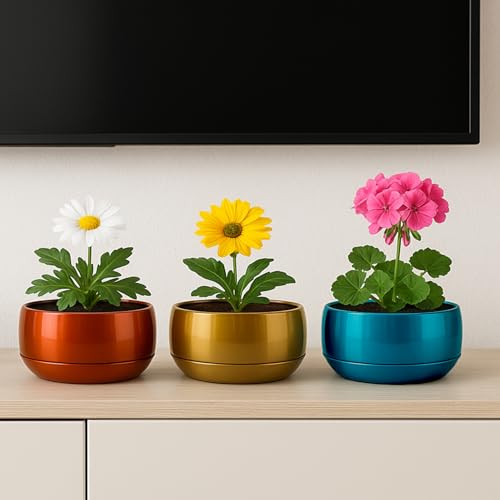 Image of CINAGRO Metal Planter Pot for Indoor Plants, Round Decorative Flower Pot, Rust-Resistant, Modern Plant Holder for Home, Balcony, Office (13.97 x 7.62 cm, Pulse Nest - Trio)