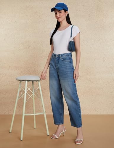 Image of Amazon Brand - Symbol Women's Barrel Fit Denim Jeans | Tapered Balloon | High Rise | Ankle Length (Available in Plus Sizes)