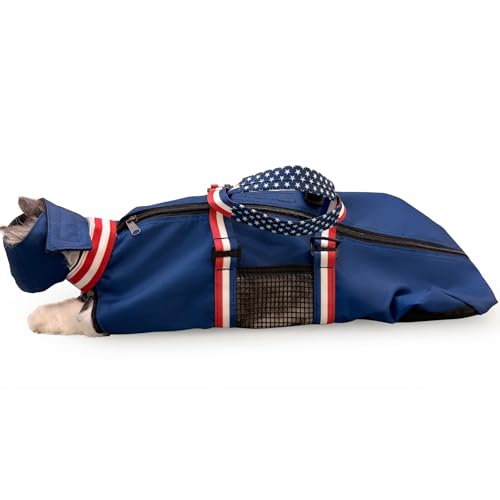 Image of Cinf Cat Nail Clipping Cleaning Grooming Restraint Bag (Free Muzzle) No Scratching Biting for Bathing Nail Trimming Injecting Examining((Blue USA Flag,M)
