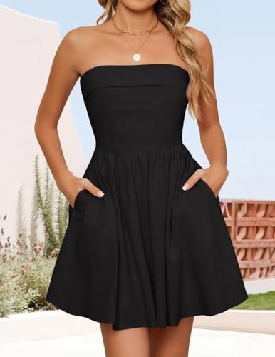 Image of ZESICA Women's Summer Strapless Mini Dress 2026 Casual Off Shoulder A Line Swing Boho Beach Vacation Party Short Dresses