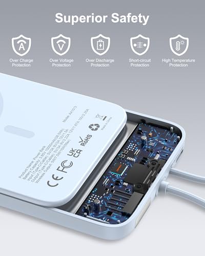 Image of AsperX Magnetic Power Bank, 10,000mAh Wireless Portable Power Bank, 22.5W USB-C Power Delivery Portable Charger Compatible for iPhone 16 /15 /14 /13 /12 Series, Blue