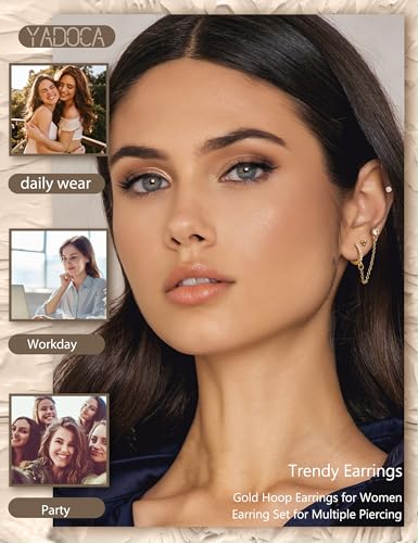 YADOCA 13Pairs Gold Earrings Stacks for Women Dainty Huggie Hoop Earrings Hypoallergenic 14k Gold Plated Flat Back Stud Cartilage Earring Sets for Multiple Piercing Pack2