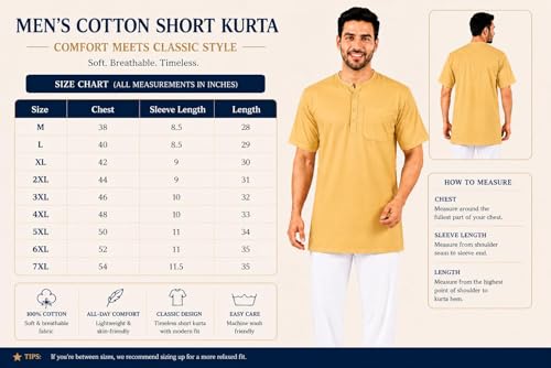 Image of Men's Cotton Halfsleeve Short Kurta for Summer