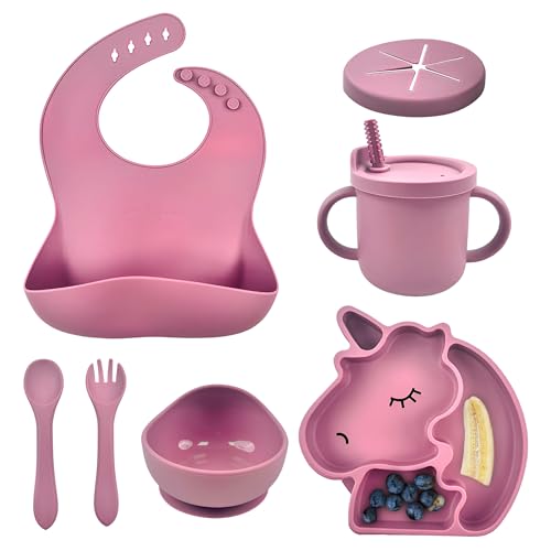 Babelyous Coffret Repas Bebe Fille Licorne en Silicone Rose, Inclut Set de Table, Bol avec Ventouse, Couverts et Bavoir Ajustable - Coffrets Repas Pour Bébé sans BPA