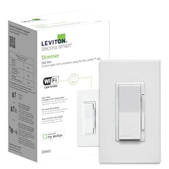 Leviton Decora Smart Dimmer Switch, Wi-Fi 2nd Gen, Neutral Wire Required, Works with Matter, My Leviton, Alexa, Google Assistant, Apple Home/Siri &amp; Wired or Wire-Free 3-Way, D26HD-2RW, White