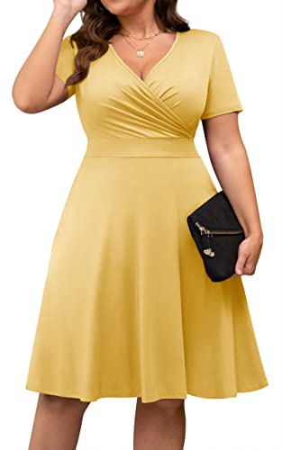 Image of POSESHE Womens Plus Size Dresses Summer Short Sleeve Wrap V-Neck Sundress Casual Wedding Guest Cocktail Dress with Pockets