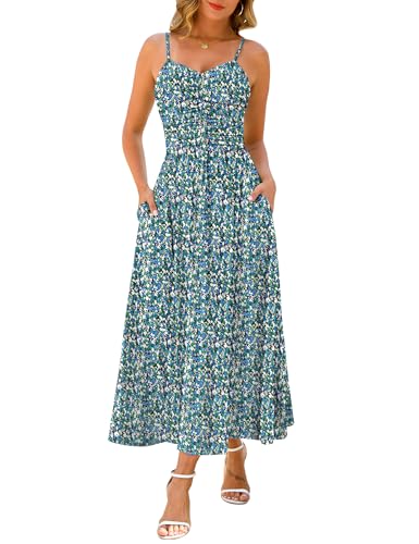 Image of Annebouti Women 2026 Summer Spring Ruched Maxi Dress Adjustable Spaghetti Strap Floral Beach Long Sundress with Pockets