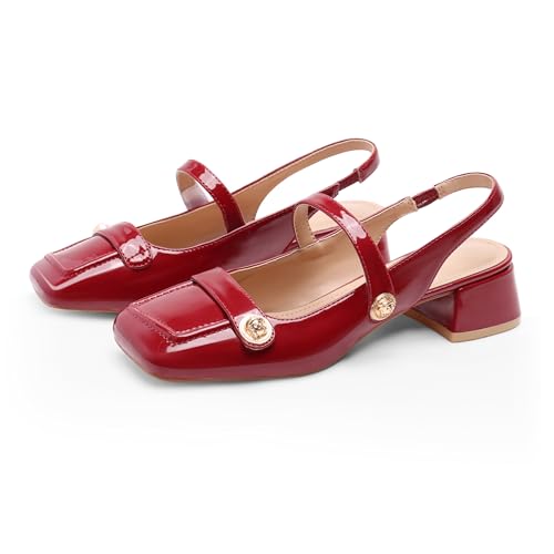 Image of Slingback Mary Jane Heels for Women Low Block Heel Closed Square Toe Pump Shoes Heels Classic Daily Office Dressy Shoes