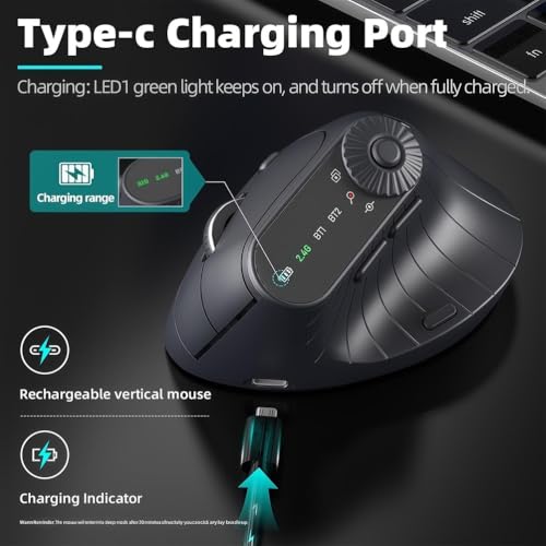 Mouse verticale ergonomico wireless con DPI regolabile 1000-2400, Bluetooth 5.0 e ricevitore USB-C, design a tripla connessione per laptop, PC e Mac