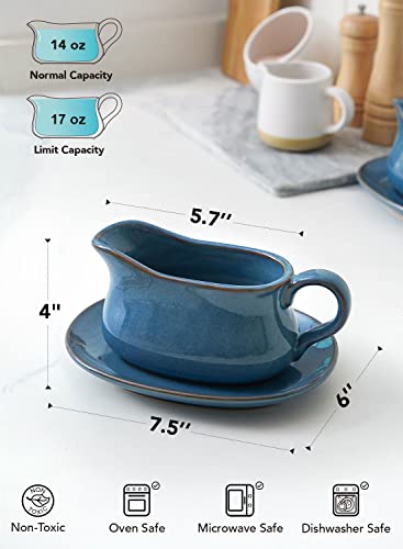 Image of LE TAUCI 17oz Gravy Boat with Saucer Stand, Set of 2, Ceramic Sauce Boat with Tray for Salad Dressings, Creamer, Broth, Black Pepper, Ceylon Blue