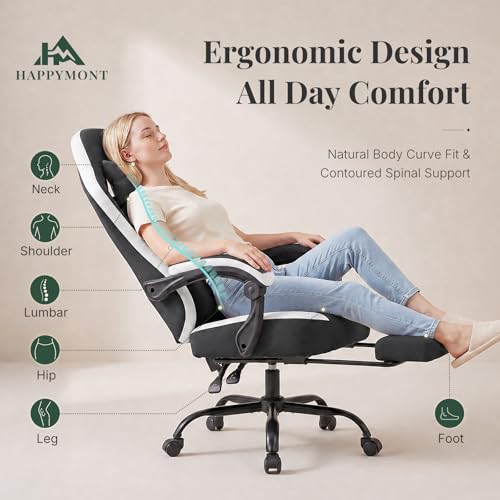Image of Computer Gaming Chair - High Back Ergonomic Desk Chair with Footrest and Lumbar Support, Height Adjustable Task Chair with Linkage Armrests and Headrest, 360 Swivel Wheels, Black