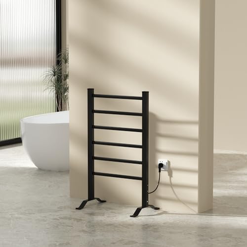 pro.tec Radiador Toallero Eléctrico de Pared o Indepediente Secatoallas para Espacios Reducidos con 6 Barras 100W IP24 Temporizador de 2 o 4 Horas Aluminio 85 x 55 cm - Negro