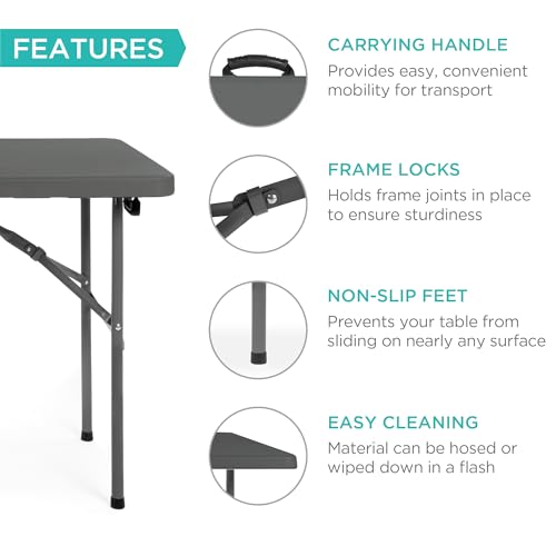 Image of Best Choice Products 4ft Plastic Folding Table, Indoor Outdoor Heavy Duty Portable w /Handle, Lock for Picnic, Party, Camping - Dark Gray