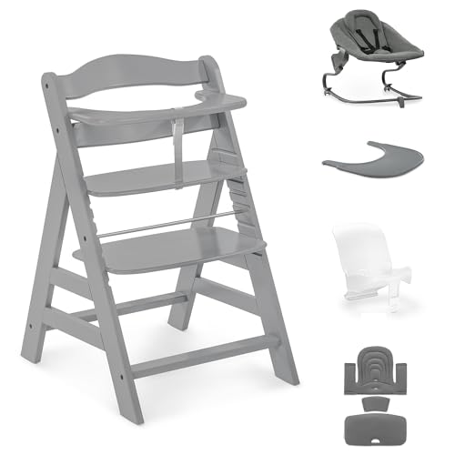 hauck Alpha+ Premium Bundle, gris haya, silla alta de madera desde el nacimiento hasta los 99 años, trona Grow Along con mecedora reclinable para recién nacido, reductor de asiento de bebé