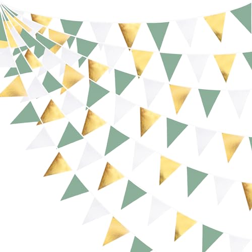 32Ft Sage Green Gold White Bunting Banner Party Decorations Fabric Triangle Flag Pennant Garland Streamers for Rustic Jungle Safari Wild Woodland Dinosaur Birthday Wedding Baby Shower Hanging Decor