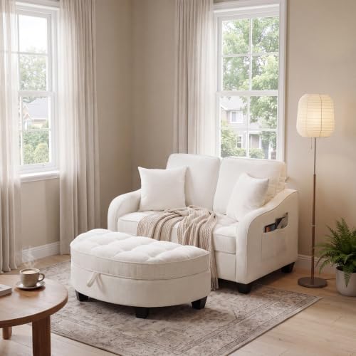 Image of ERYE Chenille Tufted Loveseat Sofa and Ottoman Set, Tufted Recliner Sleeper Chaise Lounge with Curved Storage Ottoman,Reclining Backrest and Side Pockets, 4 Pillows