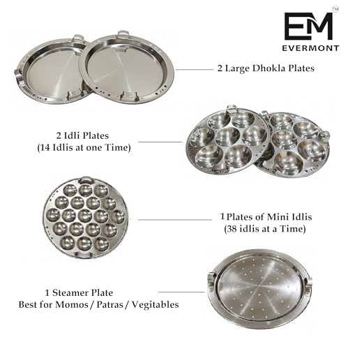 Image of Stainless Steel Multi-Purpose Idli Maker & Steamer for Kitchen | 6 Plates (2 Idli, 2 Dhokla,1 Mini Idli, 1 Steamer) | Induction & Gas Compatible Multi Kadai | Steamer for Momos, Modak & Vegetables | Heavy Bottom SS 304