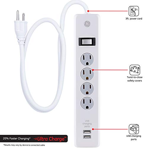 Ge 4-Outlet Surge Protector, 2 Usb Ports, 3 Ft Power Cord, 450 Joules, Twist To Lock Safety Covers, Automatic Shutdown Technology, Circuit Breaker, Warranty, Ul Listed, White, 14090 #TOP1