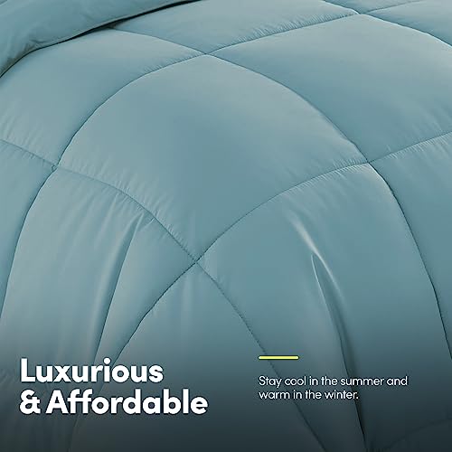 Sweet Home Collection 7 Piece Comforter Set Bag Solid Color All Season Soft Down Alternative Blanket & Luxurious Microfiber Bed Sheets, Misty Blue, Queen