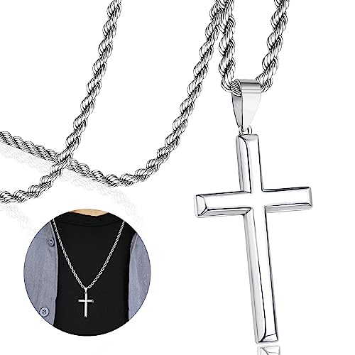 925 Sterling Silver Cross Pendant Necklace for Men Women with 3.5mm Stainless Steel Clasp Rope Twist Chain 18K White Gold Plated Highly Polished 16-28 Inches