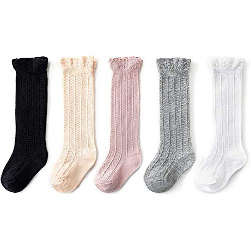 Knee High Socks for Baby Girls Long Stockings Toddler Cotton Tube Socks for Infant Kids 3-12 Months Black&Beige&Pink&Gray&White