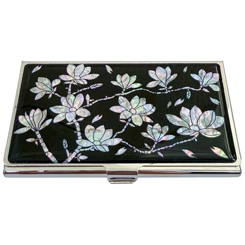 Image of Mother of Pearl Business Card Case Credit Id Name Holder Travel Wallet Art Painting Design Metal Stainless Steel Engraved Slim Purse Pocket Cash Money Wallet (N Magnolia)