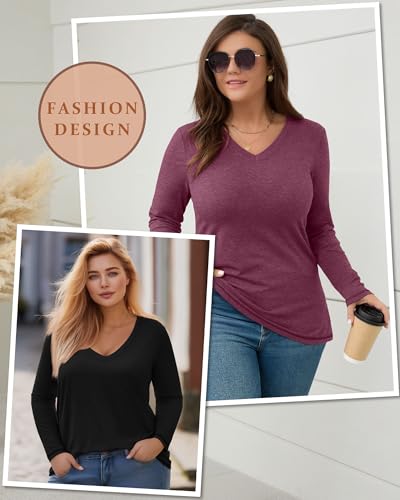 3 Pack Women's Plus Size T Shirts, Casual Long Sleeve Tops V Neck Basic Shirts Fall Loose Fit Soft Tops4