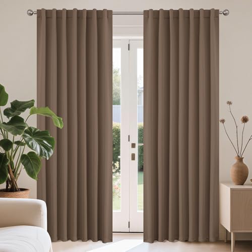 Image of Joydeco Curtains with Concealed Loops, Set of 2, H 225 x W 140 cm, Khaki, Long Curtain, Thermal Blackout Rod Pocket, Opaque Curtains, Bedroom, Living Room, Modern