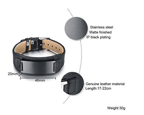 Vnox Custom Engraving-Medical Symbol Wide Black Genuine Leather Id Tag Adjustable Wristband Bracelet For Men #TOP16
